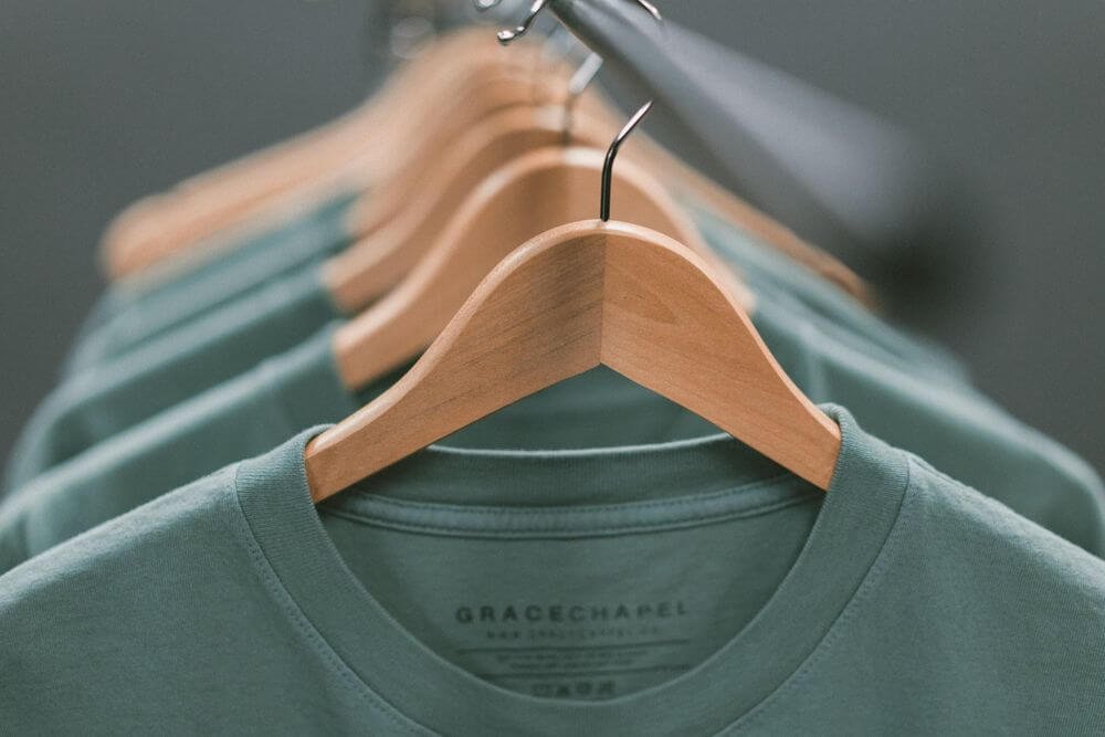 Finished knitwear on the rack, ready to ship worldwide